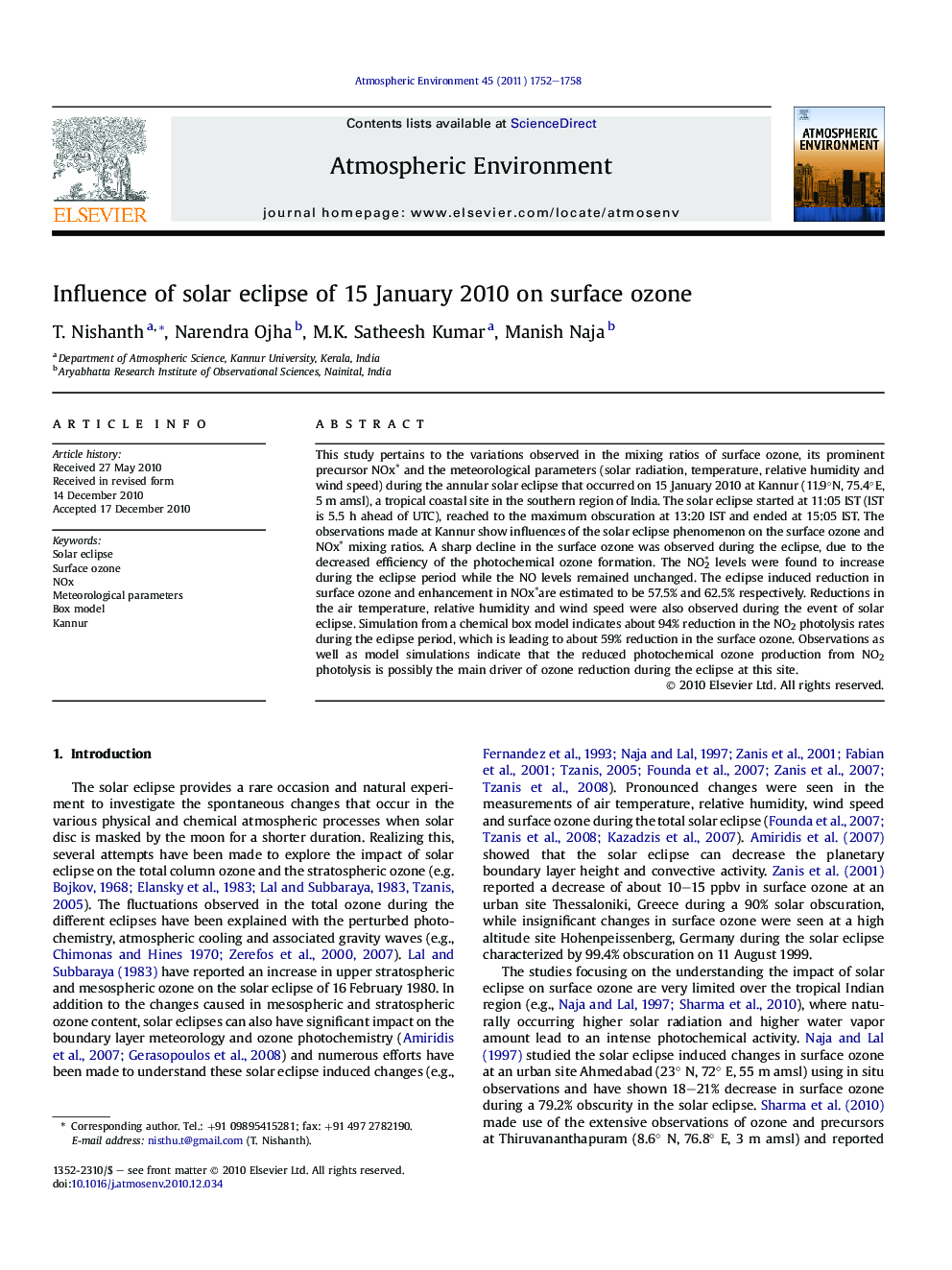 Influence of solar eclipse of 15 January 2010 on surface ozone