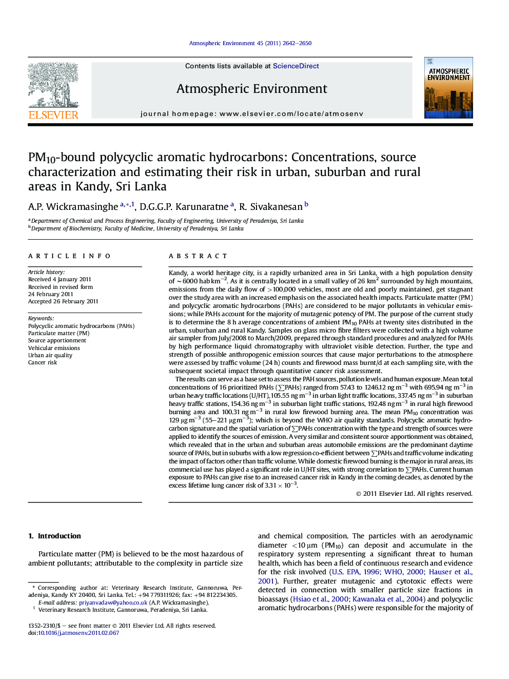 PM10-bound polycyclic aromatic hydrocarbons: Concentrations, source characterization and estimating their risk in urban, suburban and rural areas in Kandy, Sri Lanka