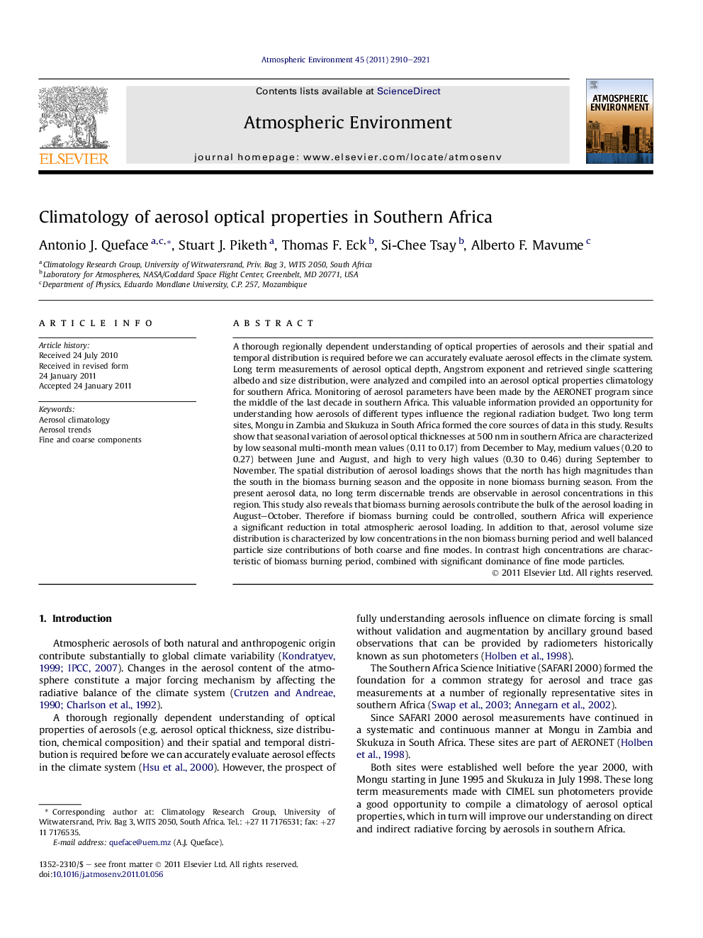 Climatology of aerosol optical properties in Southern Africa