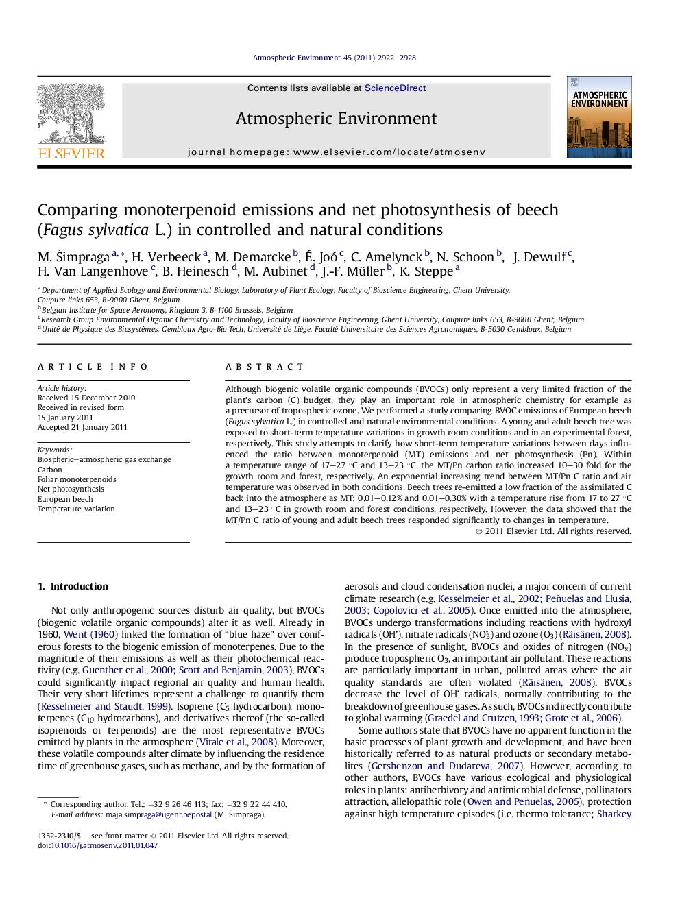 Comparing monoterpenoid emissions and net photosynthesis of beech (Fagus sylvatica L.) in controlled and natural conditions