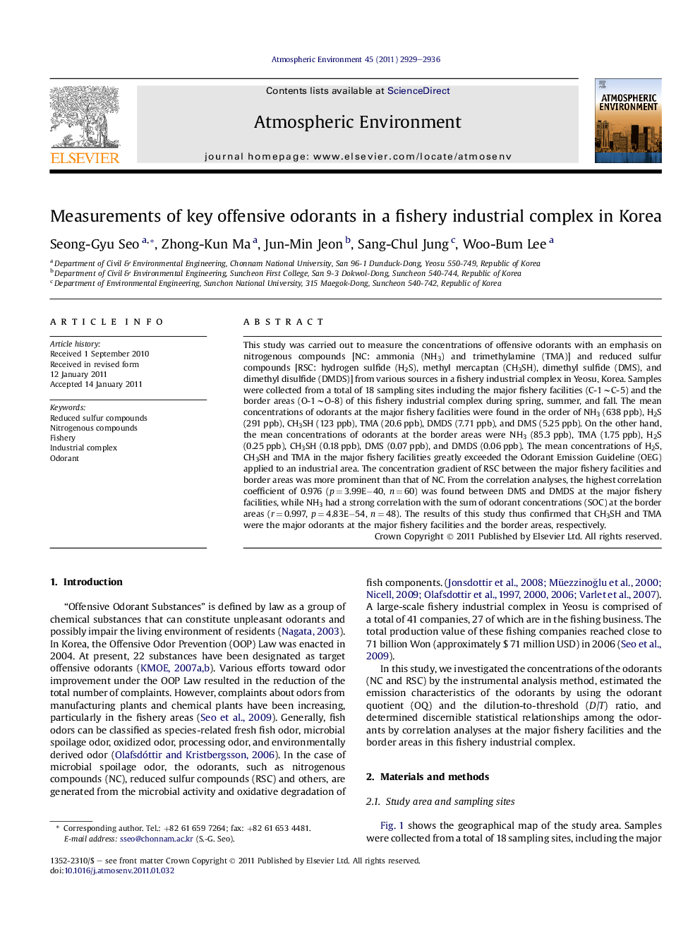 Measurements of key offensive odorants in a fishery industrial complex in Korea