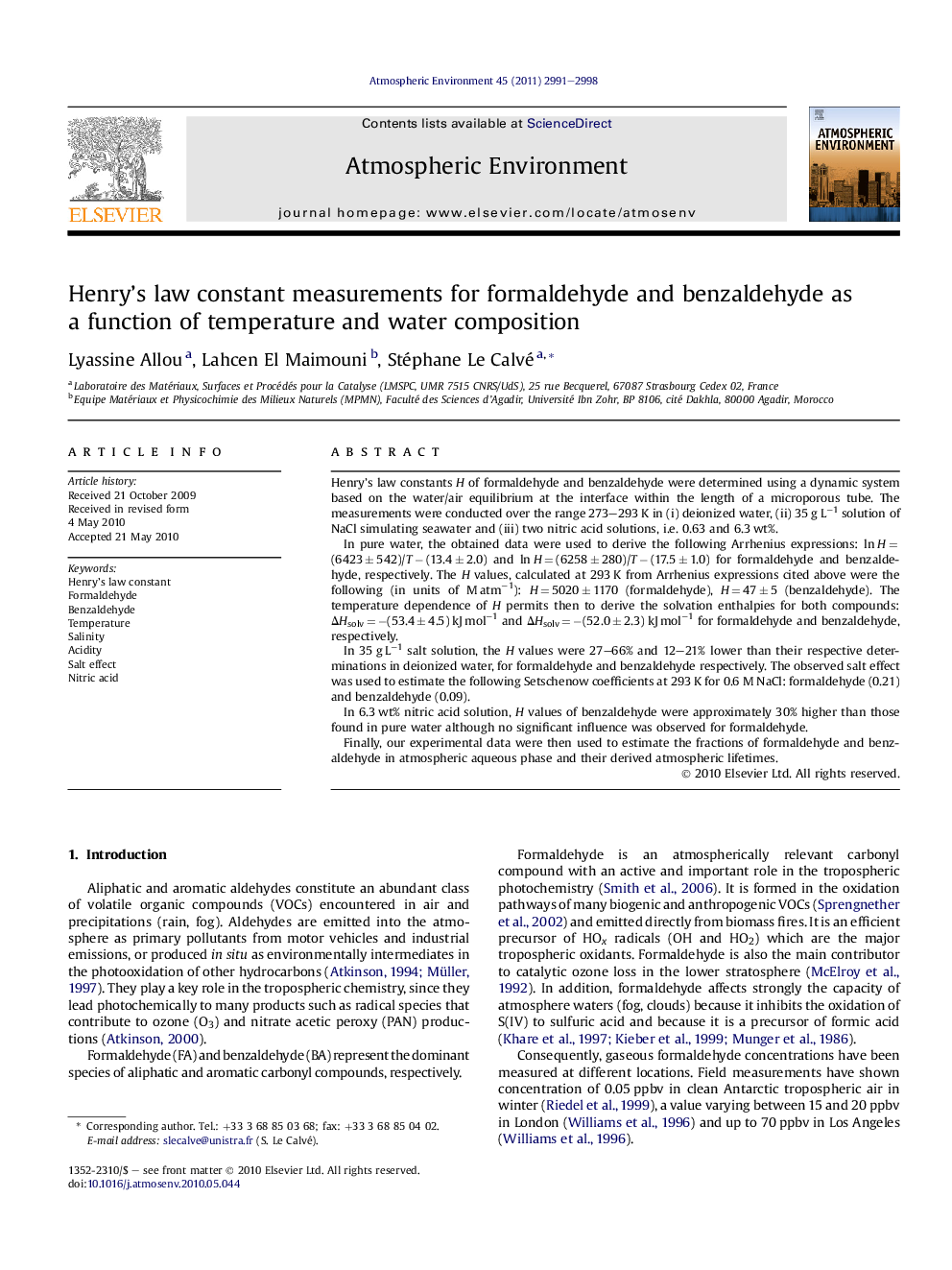 Henry’s law constant measurements for formaldehyde and benzaldehyde as a function of temperature and water composition