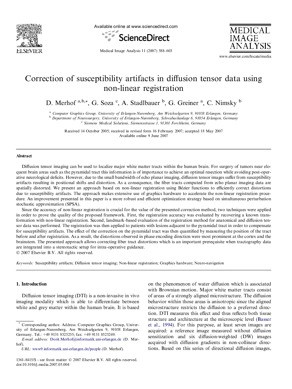 Correction of susceptibility artifacts in diffusion tensor data using non-linear registration