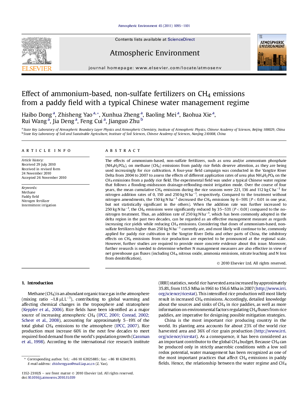 Effect of ammonium-based, non-sulfate fertilizers on CH4 emissions from a paddy field with a typical Chinese water management regime