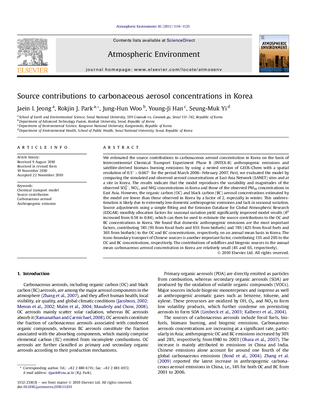 Source contributions to carbonaceous aerosol concentrations in Korea