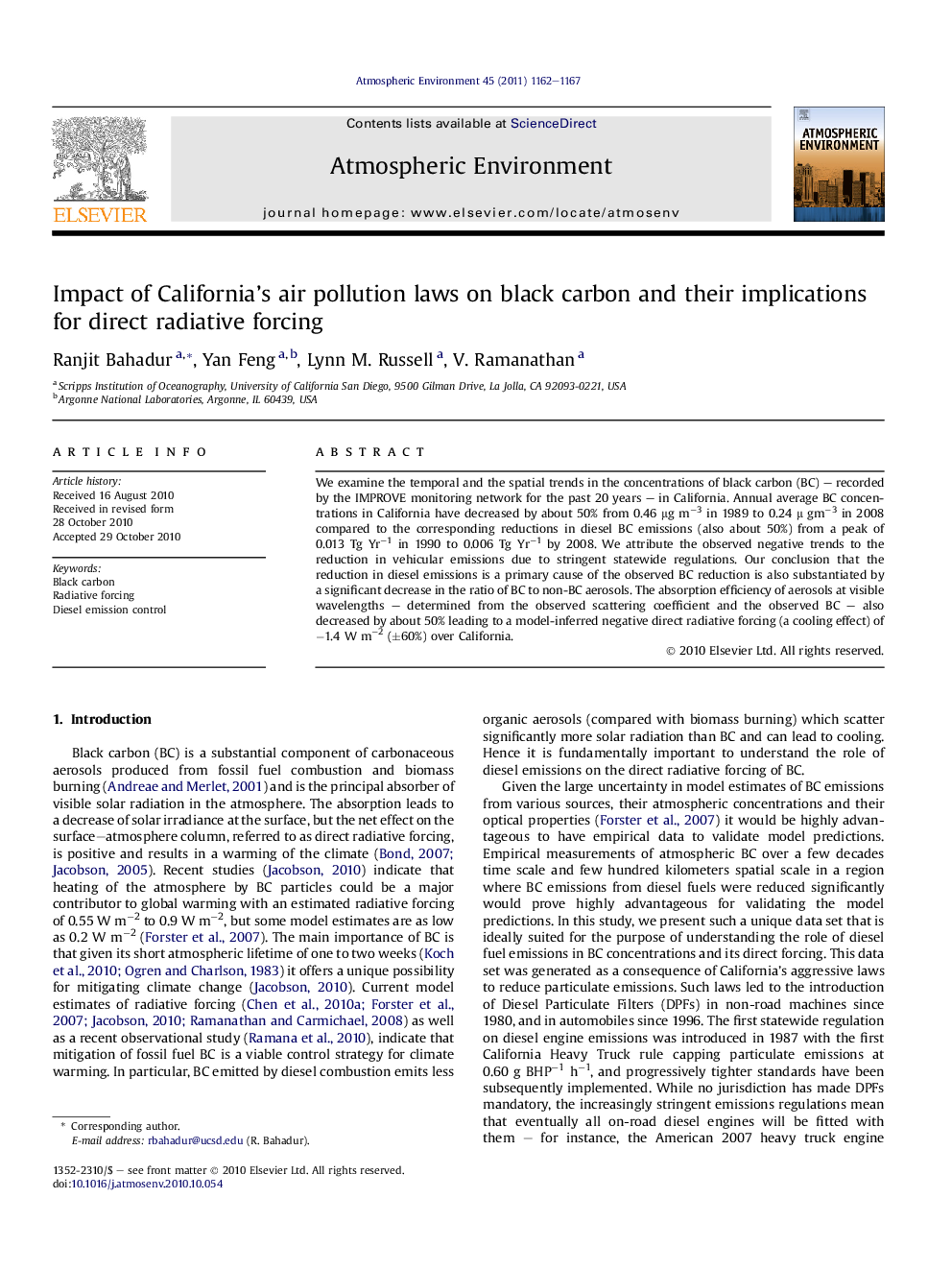 Impact of California’s air pollution laws on black carbon and their implications for direct radiative forcing