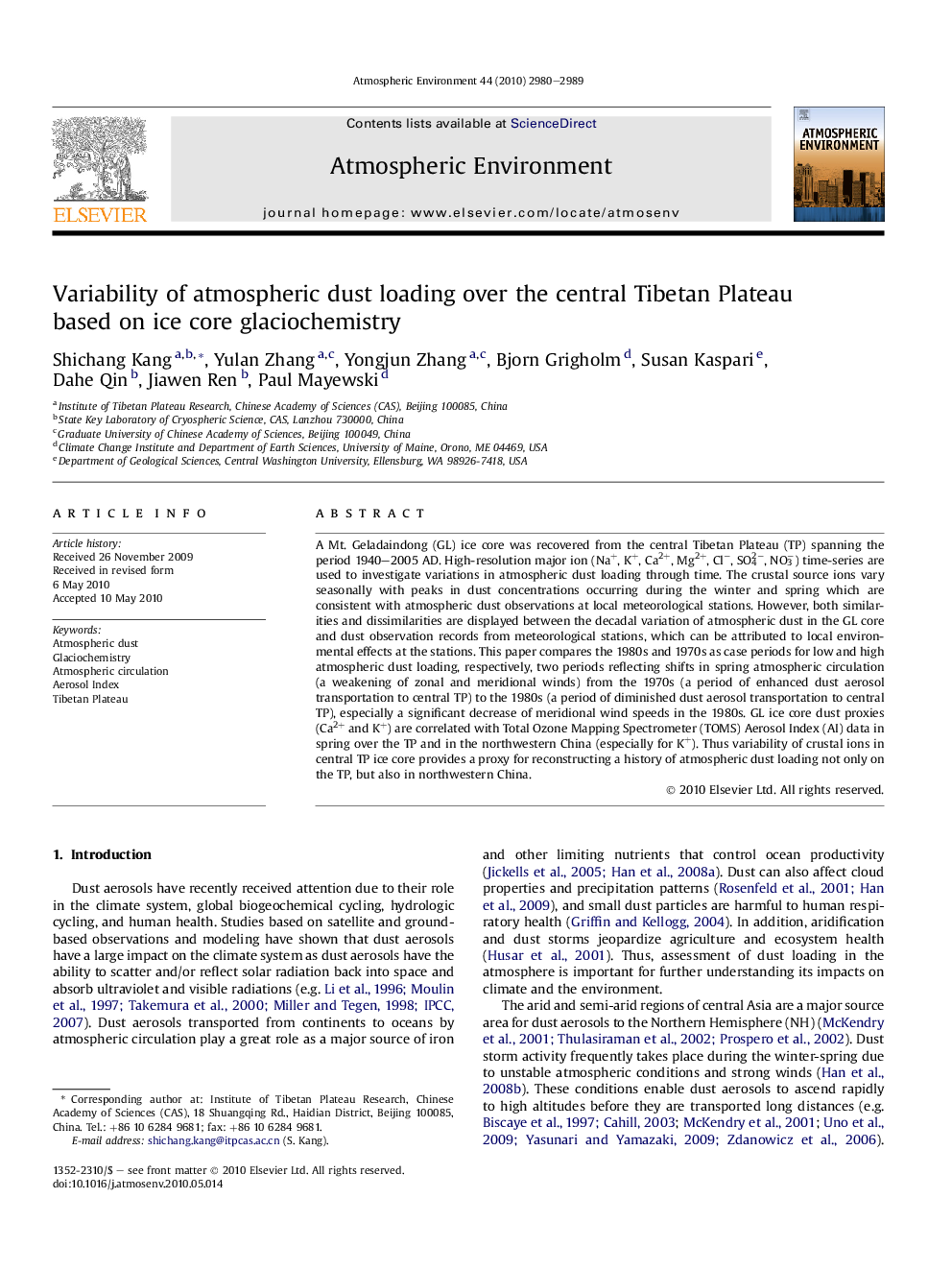 Variability of atmospheric dust loading over the central Tibetan Plateau based on ice core glaciochemistry