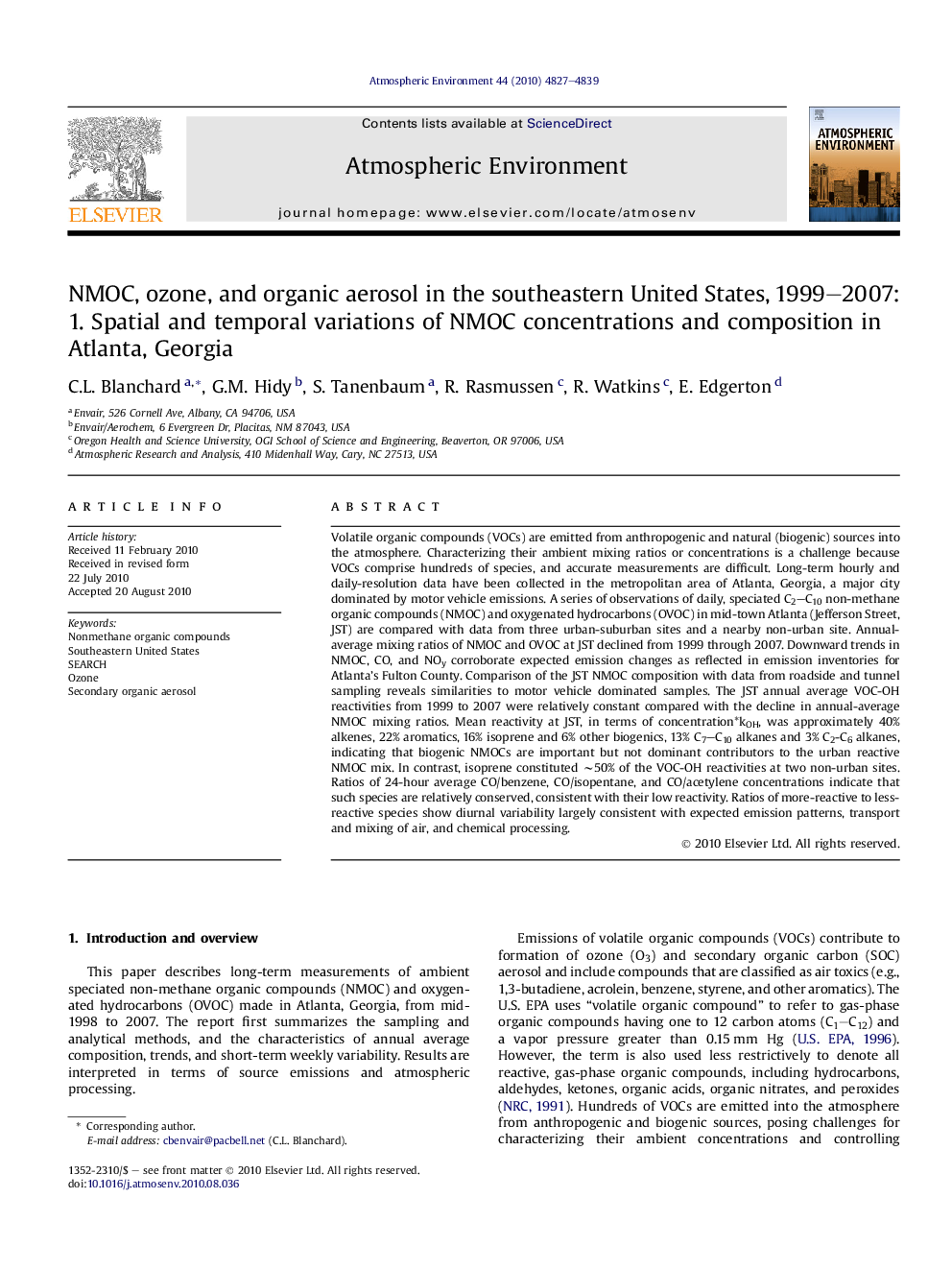 NMOC, ozone, and organic aerosol in the southeastern United States, 1999–2007: 1. Spatial and temporal variations of NMOC concentrations and composition in Atlanta, Georgia