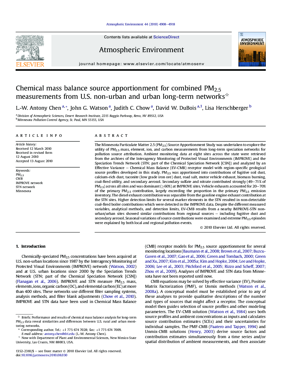 Chemical mass balance source apportionment for combined PM2.5 measurements from U.S. non-urban and urban long-term networks 