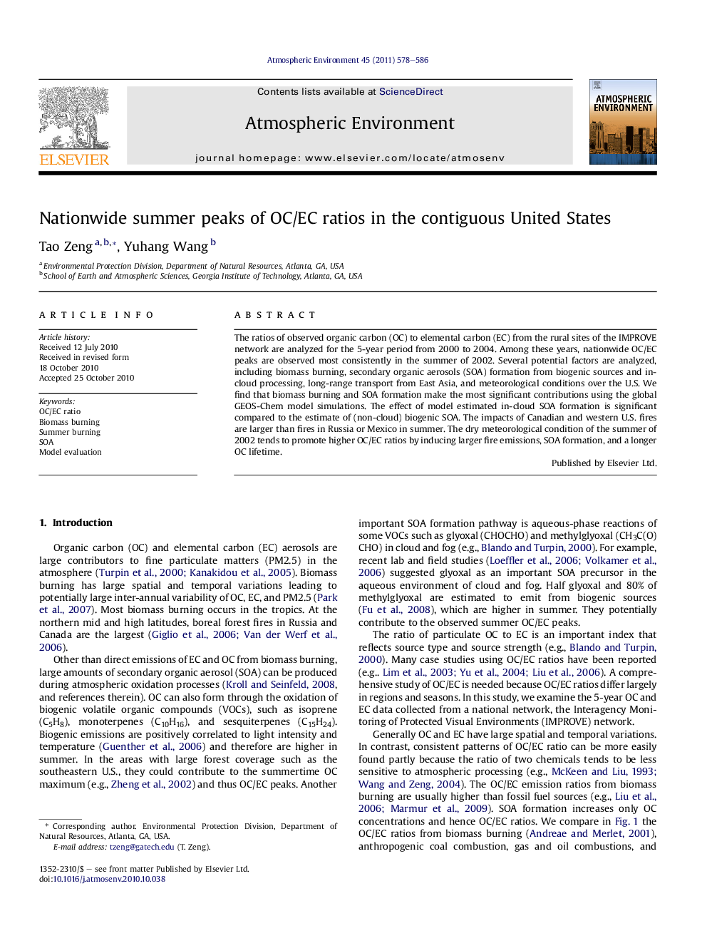 Nationwide summer peaks of OC/EC ratios in the contiguous United States