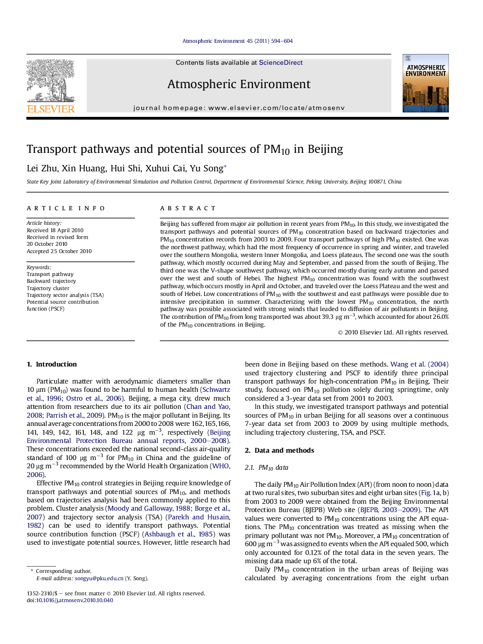 Transport pathways and potential sources of PM10 in Beijing