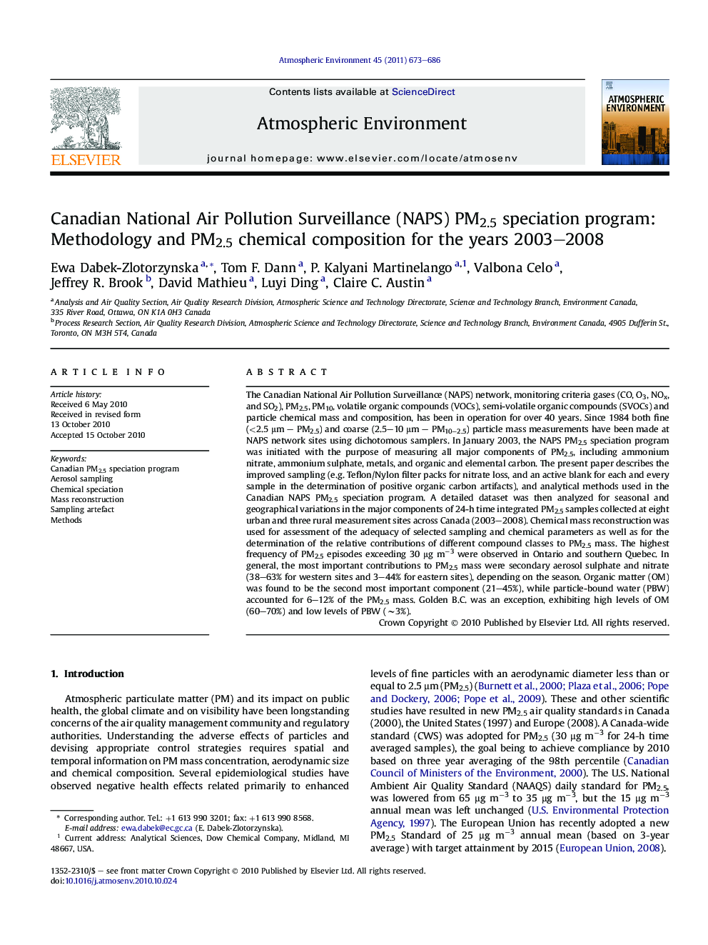 Canadian National Air Pollution Surveillance (NAPS) PM2.5 speciation program: Methodology and PM2.5 chemical composition for the years 2003–2008