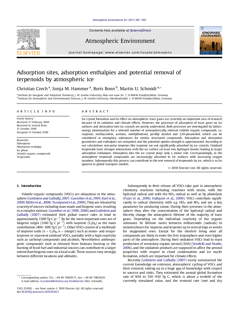 Adsorption sites, adsorption enthalpies and potential removal of terpenoids by atmospheric ice