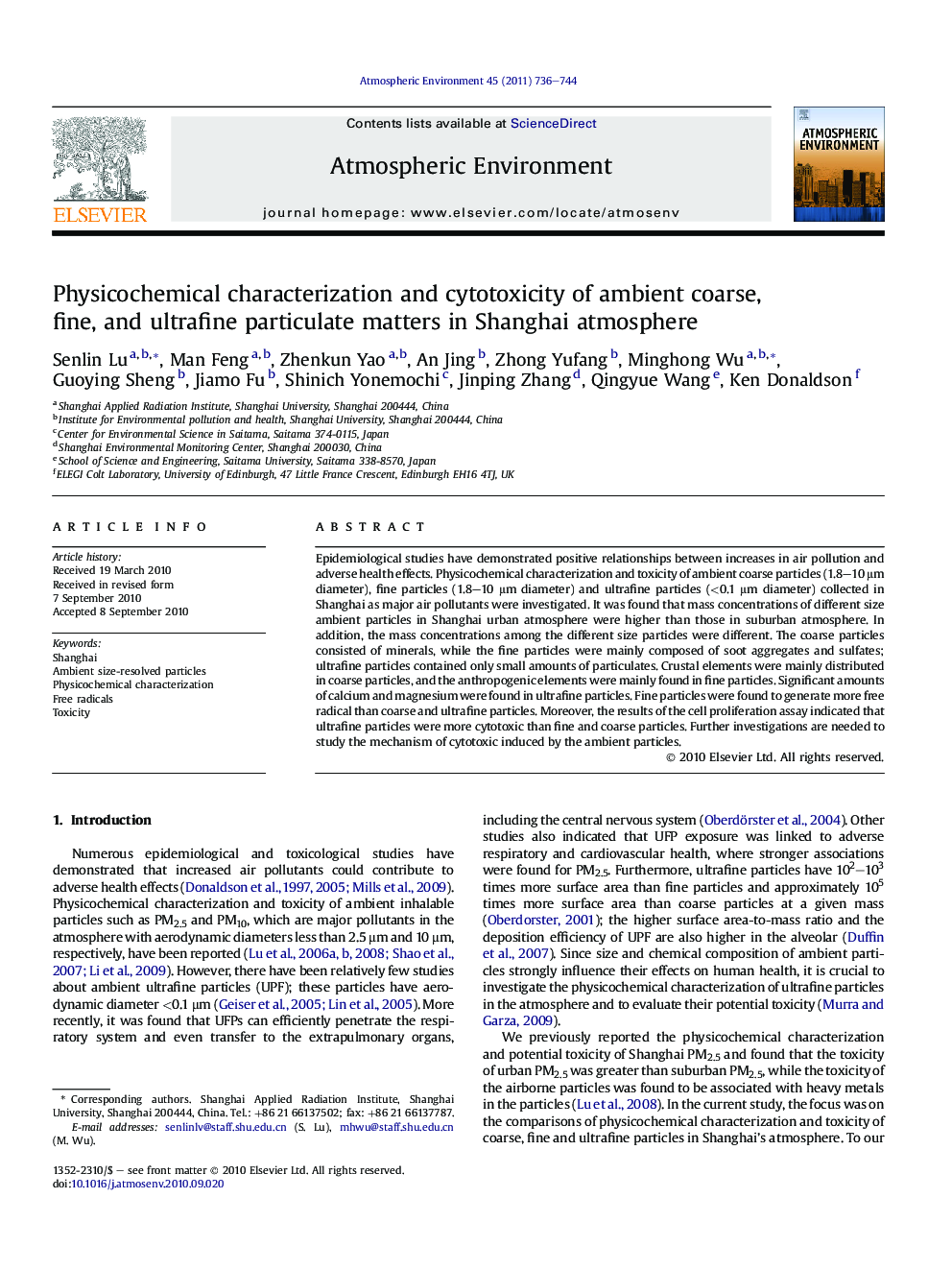 Physicochemical characterization and cytotoxicity of ambient coarse, fine, and ultrafine particulate matters in Shanghai atmosphere