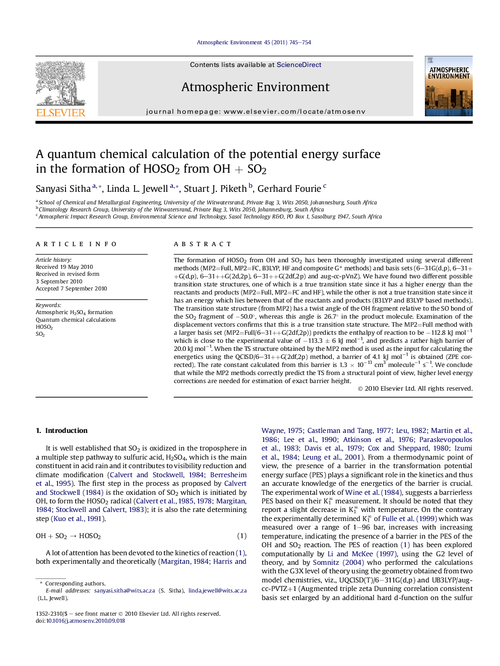 A quantum chemical calculation of the potential energy surface in the formation of HOSO2 from OH + SO2