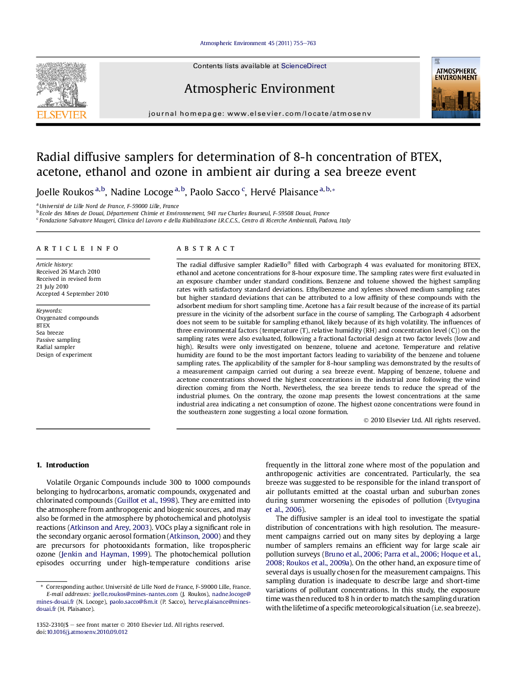 Radial diffusive samplers for determination of 8-h concentration of BTEX, acetone, ethanol and ozone in ambient air during a sea breeze event