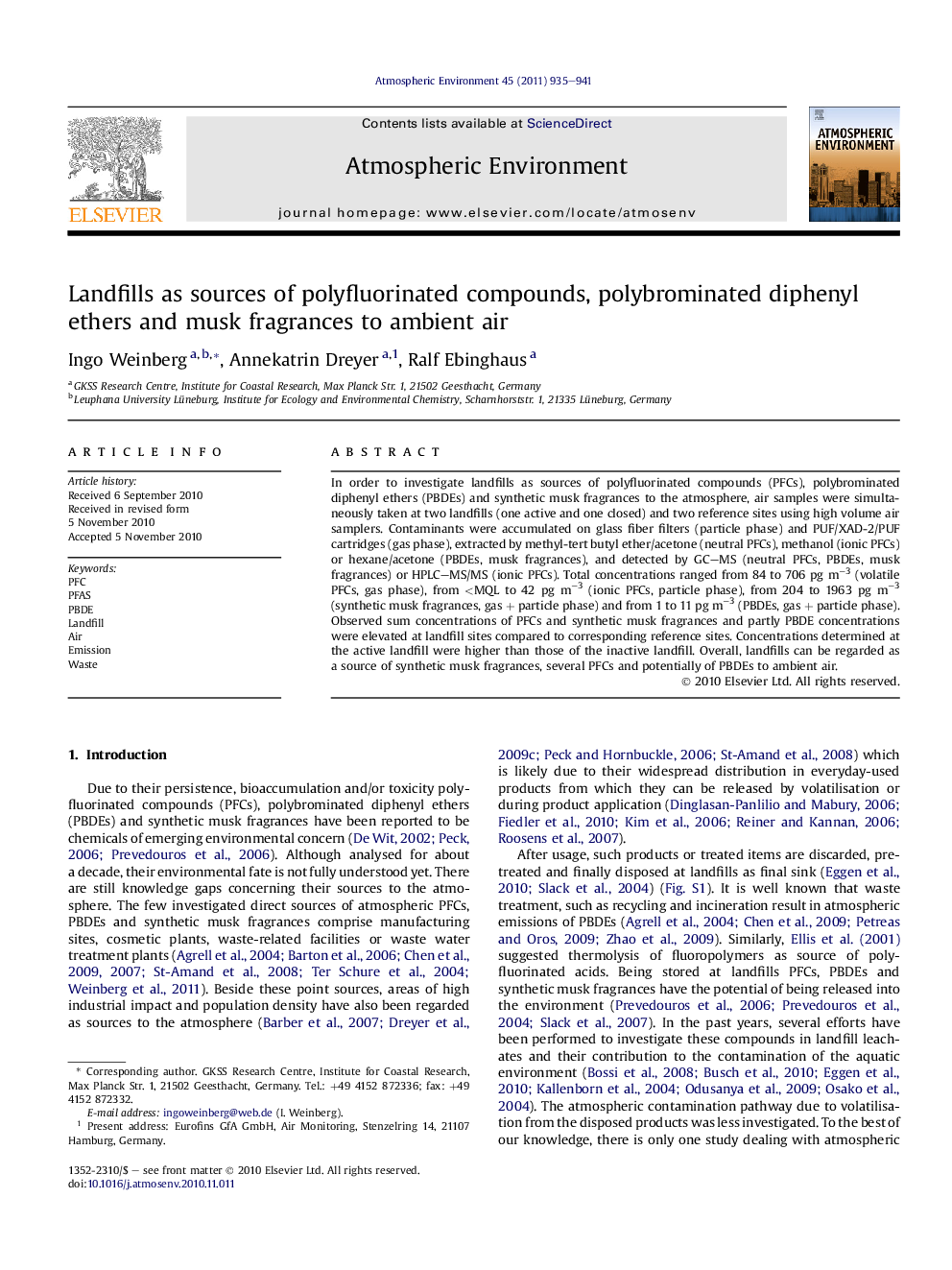 Landfills as sources of polyfluorinated compounds, polybrominated diphenyl ethers and musk fragrances to ambient air