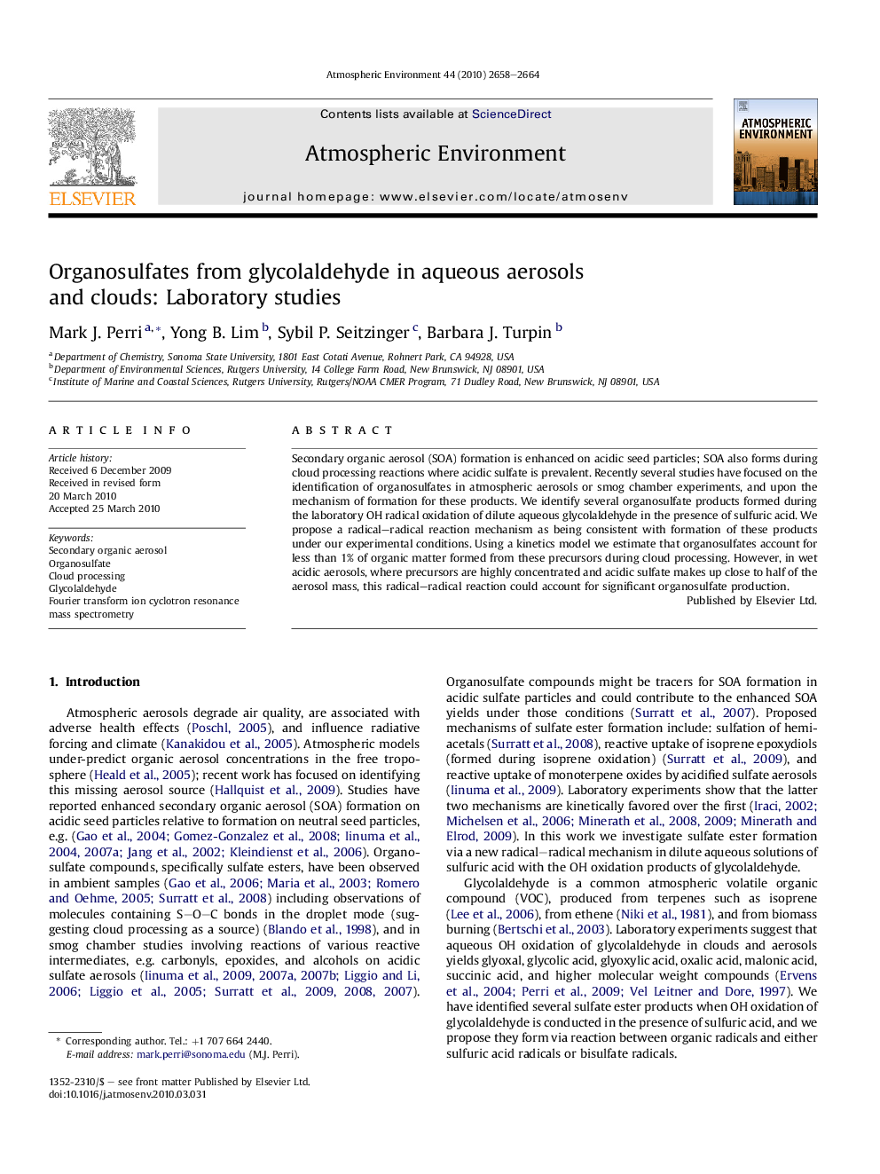 Organosulfates from glycolaldehyde in aqueous aerosols and clouds: Laboratory studies