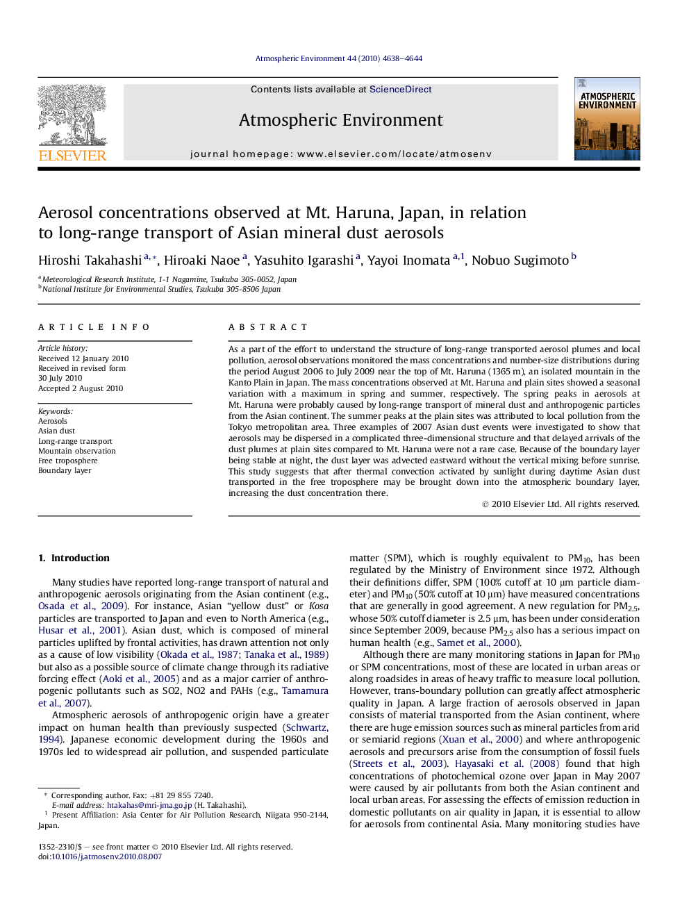 Aerosol concentrations observed at Mt. Haruna, Japan, in relation to long-range transport of Asian mineral dust aerosols