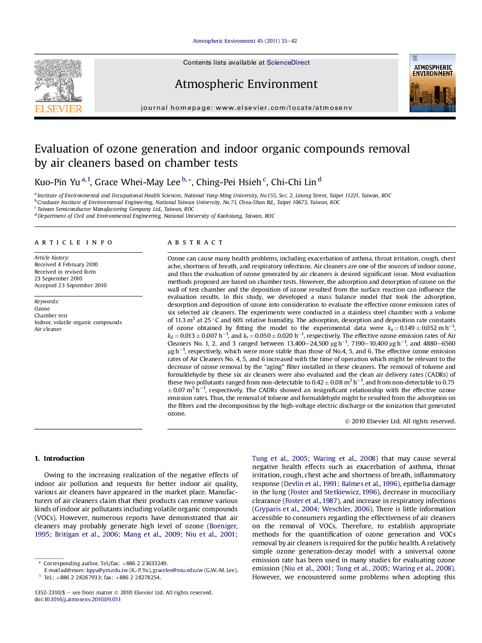 Evaluation of ozone generation and indoor organic compounds removal by air cleaners based on chamber tests