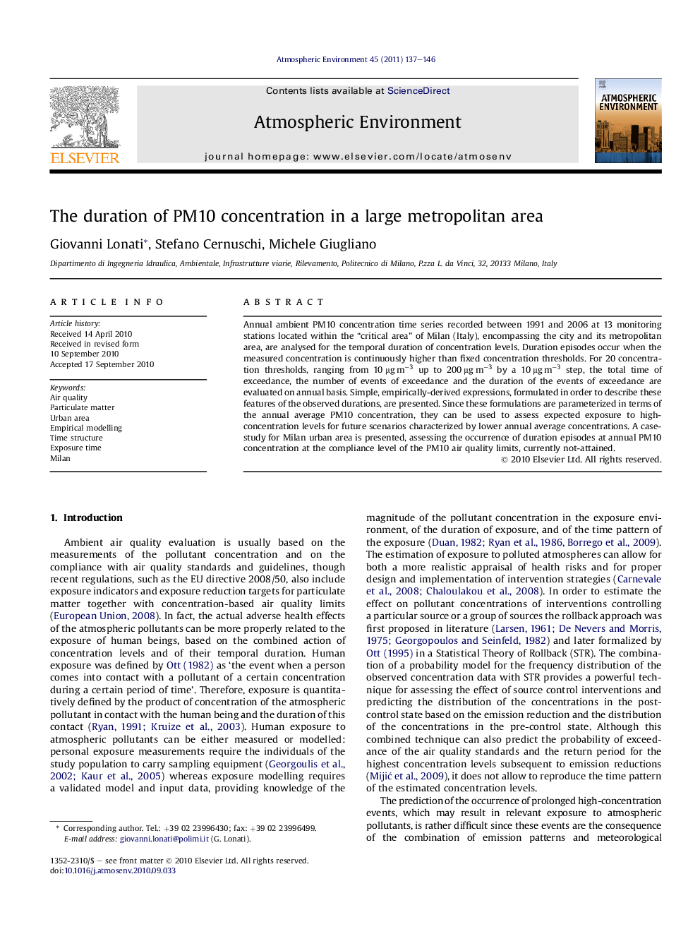 The duration of PM10 concentration in a large metropolitan area