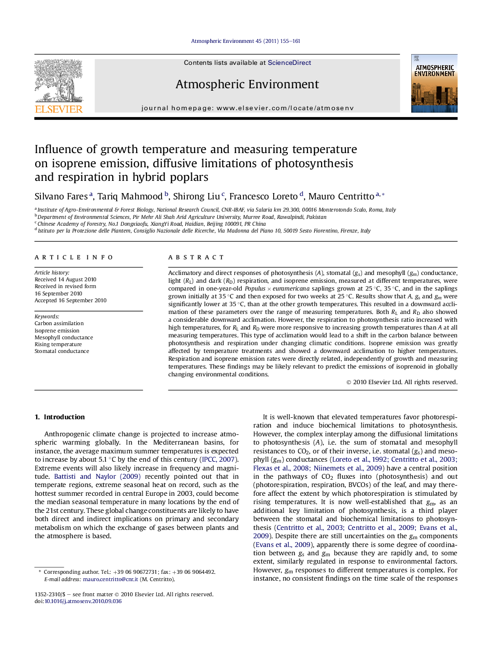 Influence of growth temperature and measuring temperature on isoprene emission, diffusive limitations of photosynthesis and respiration in hybrid poplars