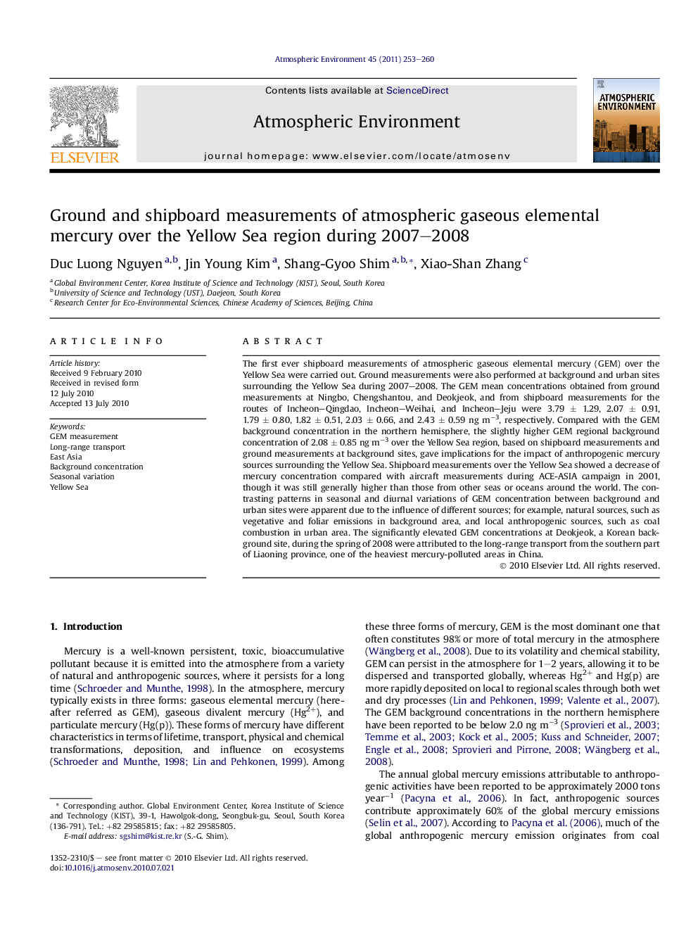 Ground and shipboard measurements of atmospheric gaseous elemental mercury over the Yellow Sea region during 2007–2008