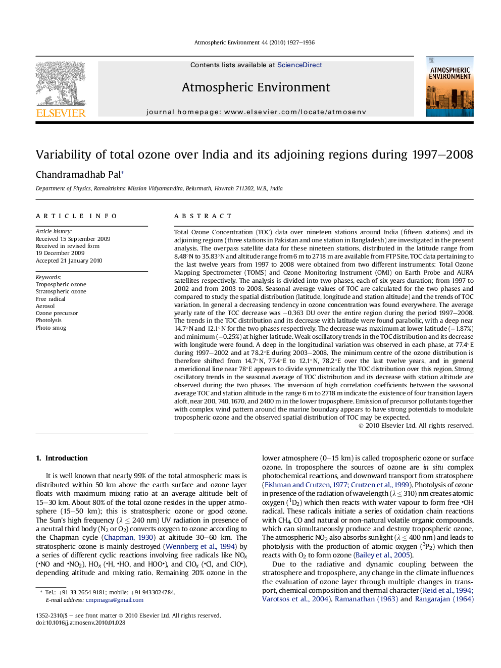 Variability of total ozone over India and its adjoining regions during 1997–2008