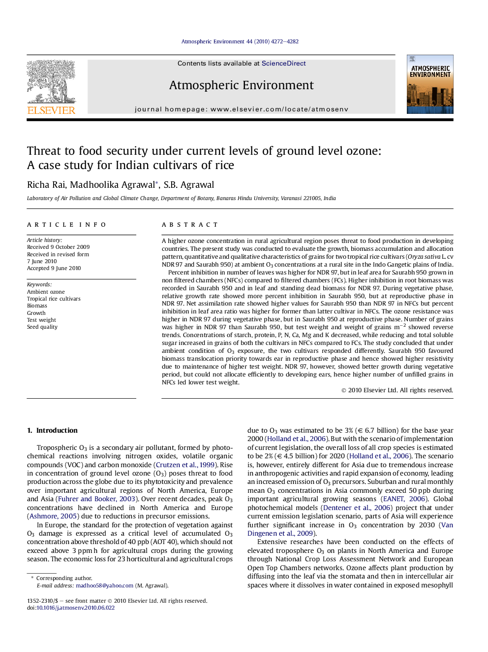 Threat to food security under current levels of ground level ozone: A case study for Indian cultivars of rice