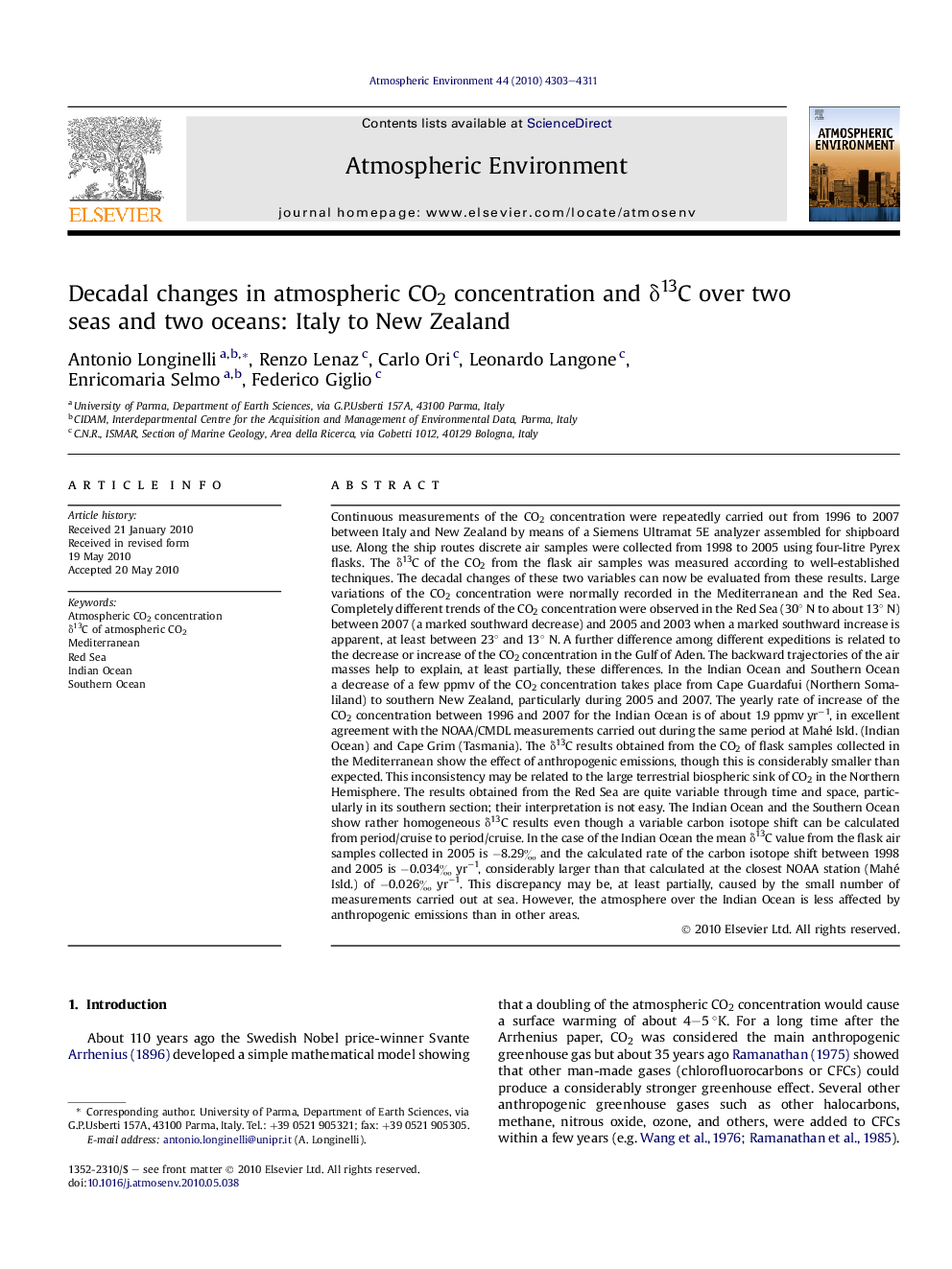 Decadal changes in atmospheric CO2 concentration and δ13C over two seas and two oceans: Italy to New Zealand