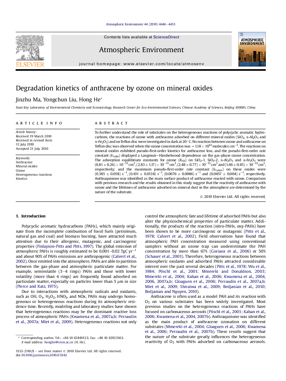 Degradation kinetics of anthracene by ozone on mineral oxides