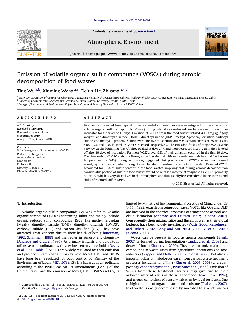 Emission of volatile organic sulfur compounds (VOSCs) during aerobic decomposition of food wastes