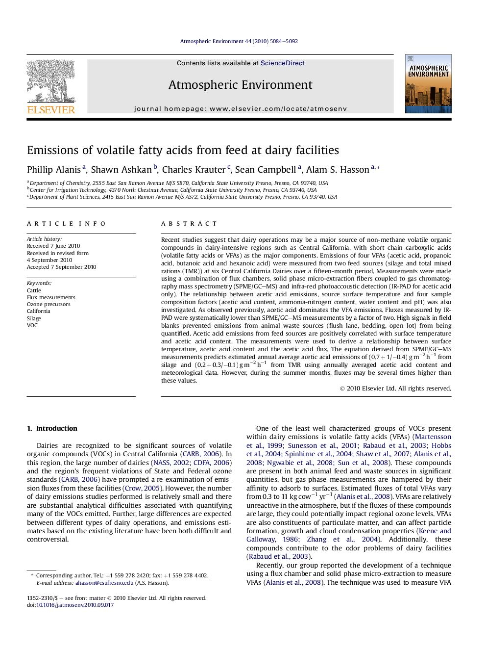 Emissions of volatile fatty acids from feed at dairy facilities