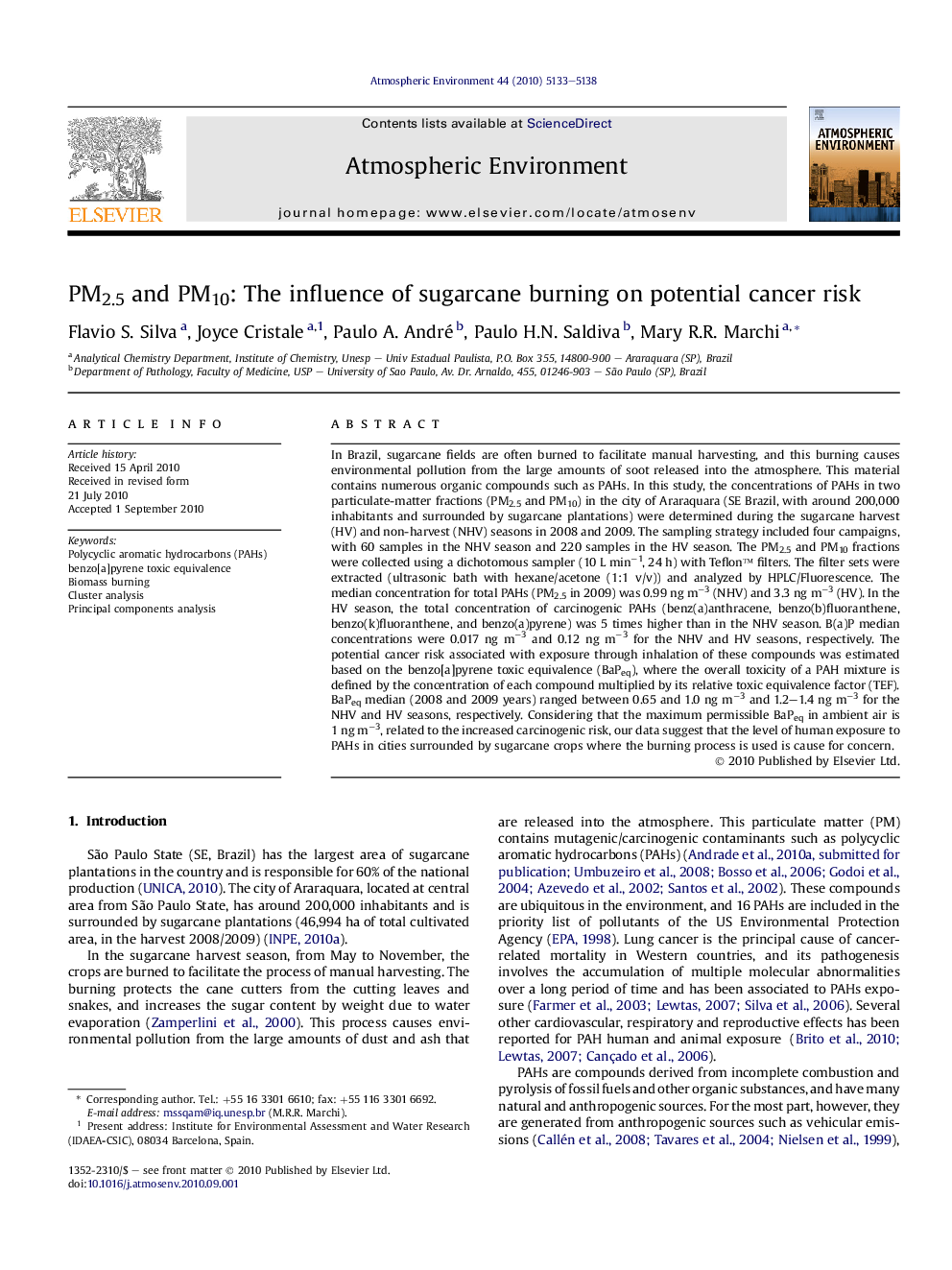 PM2.5 and PM10: The influence of sugarcane burning on potential cancer risk