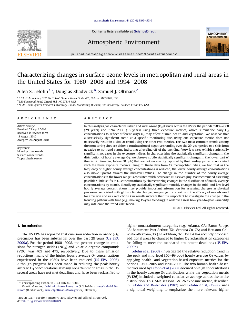 Characterizing changes in surface ozone levels in metropolitan and rural areas in the United States for 1980–2008 and 1994–2008