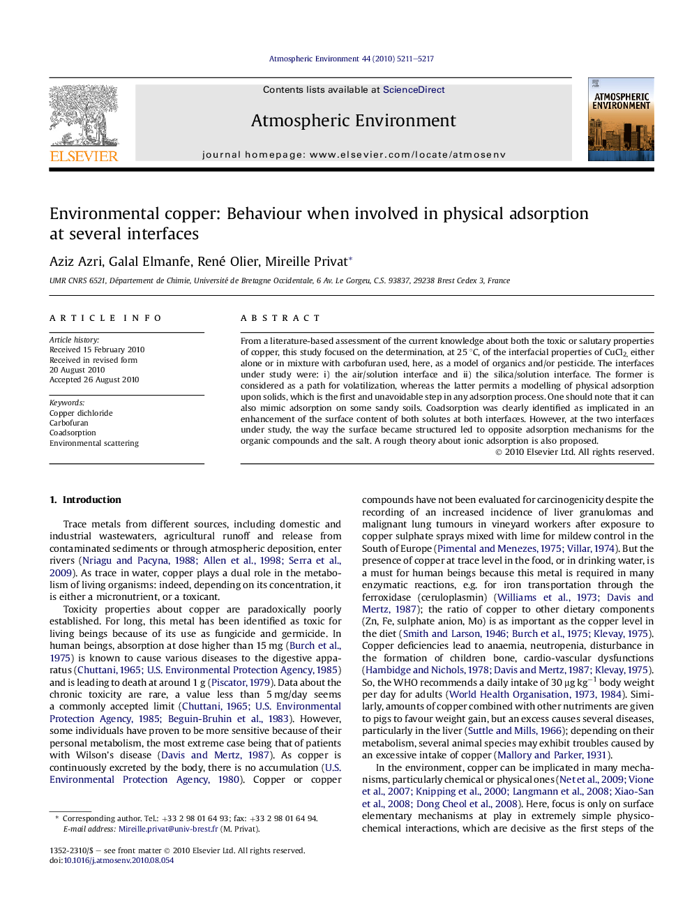 Environmental copper: Behaviour when involved in physical adsorption at several interfaces