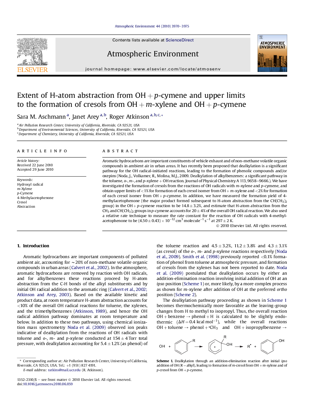 Extent of H-atom abstraction from OH + p-cymene and upper limits to the formation of cresols from OH + m-xylene and OH + p-cymene