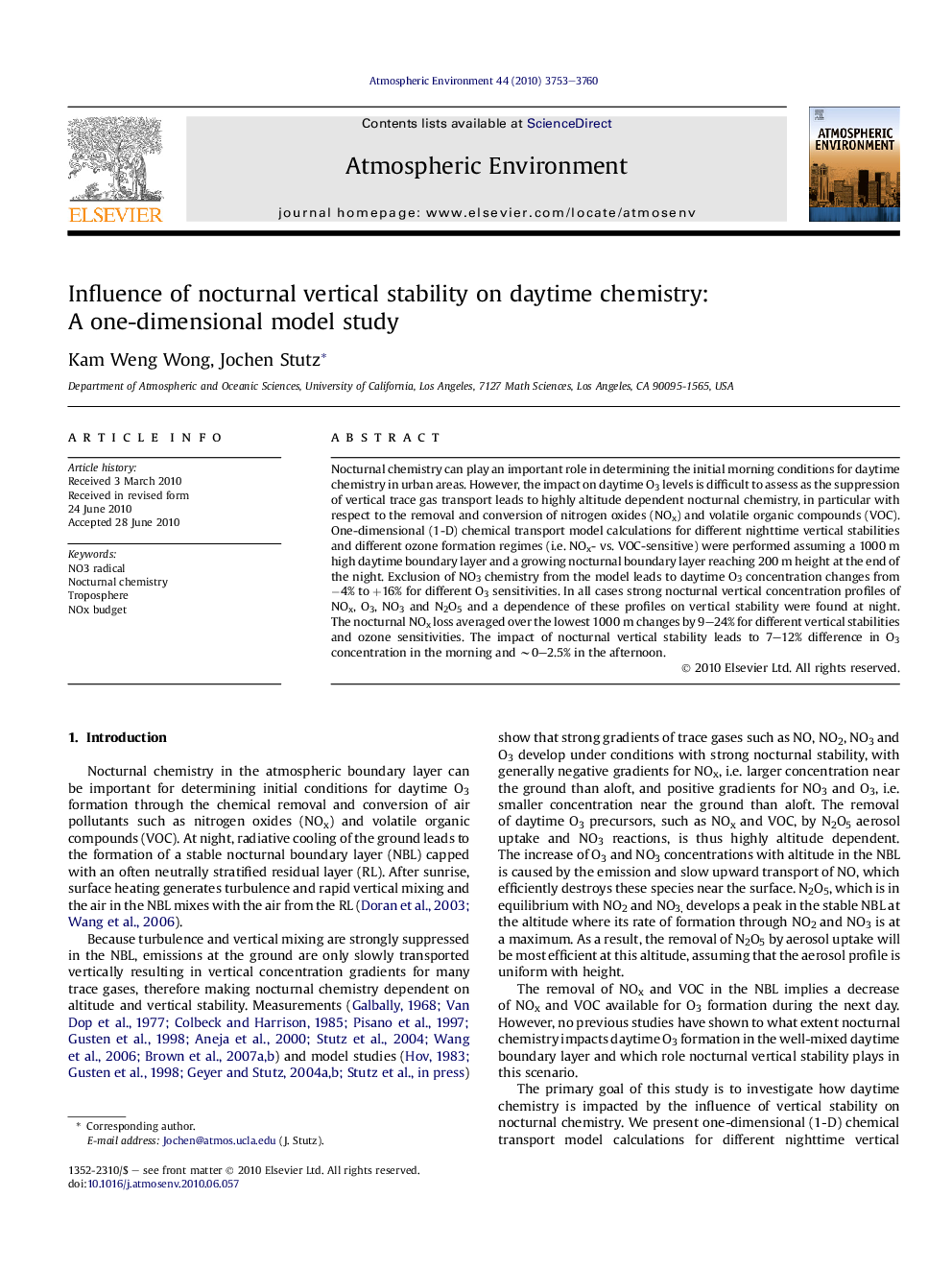 Influence of nocturnal vertical stability on daytime chemistry: A one-dimensional model study