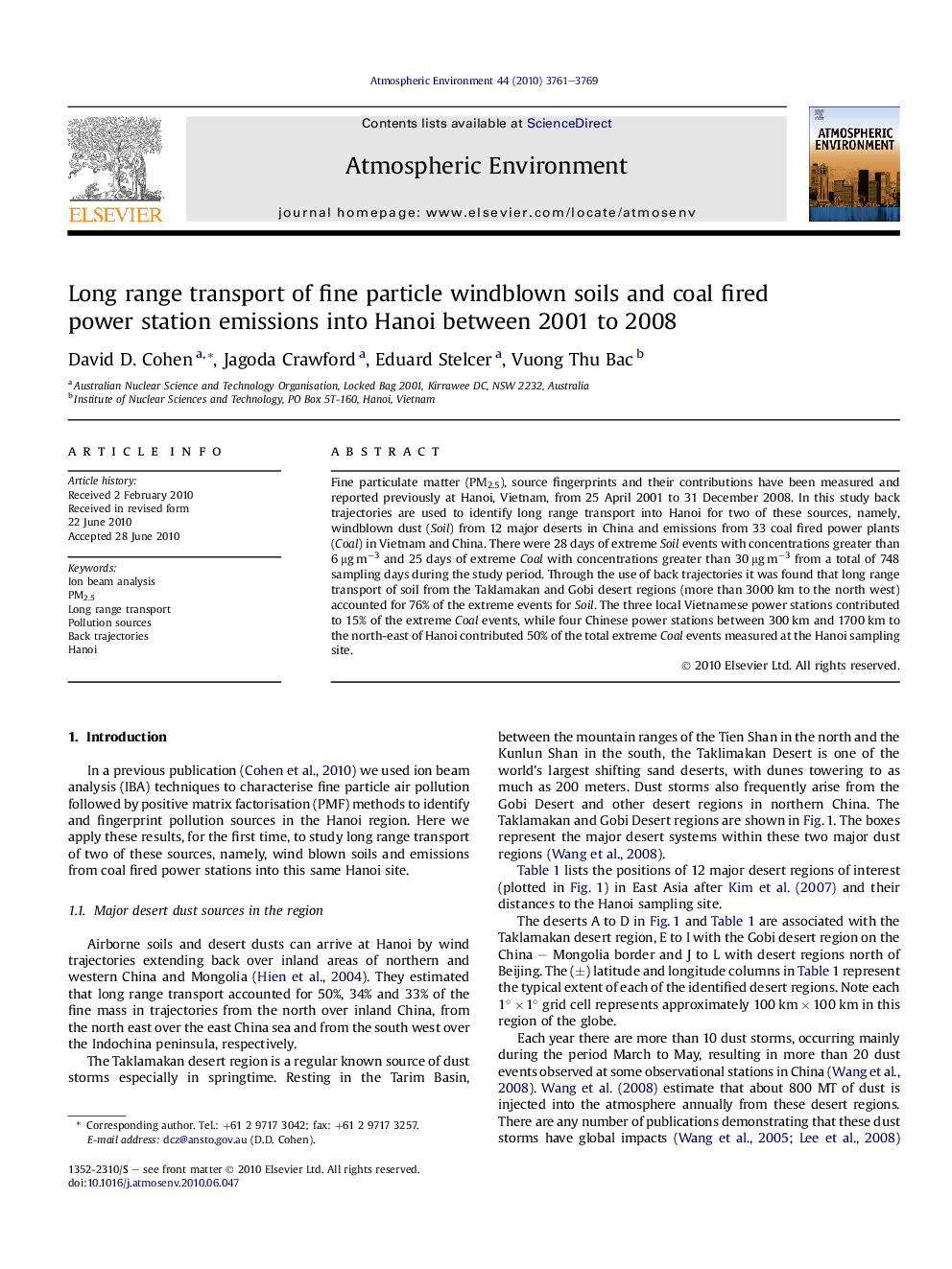 Long range transport of fine particle windblown soils and coal fired power station emissions into Hanoi between 2001 to 2008