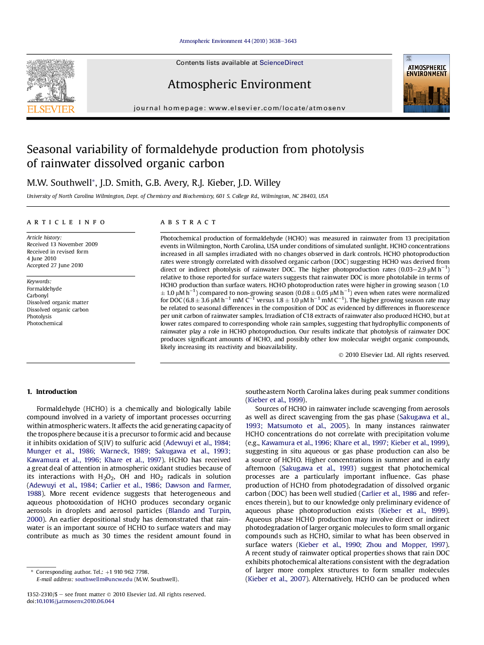 Seasonal variability of formaldehyde production from photolysis of rainwater dissolved organic carbon