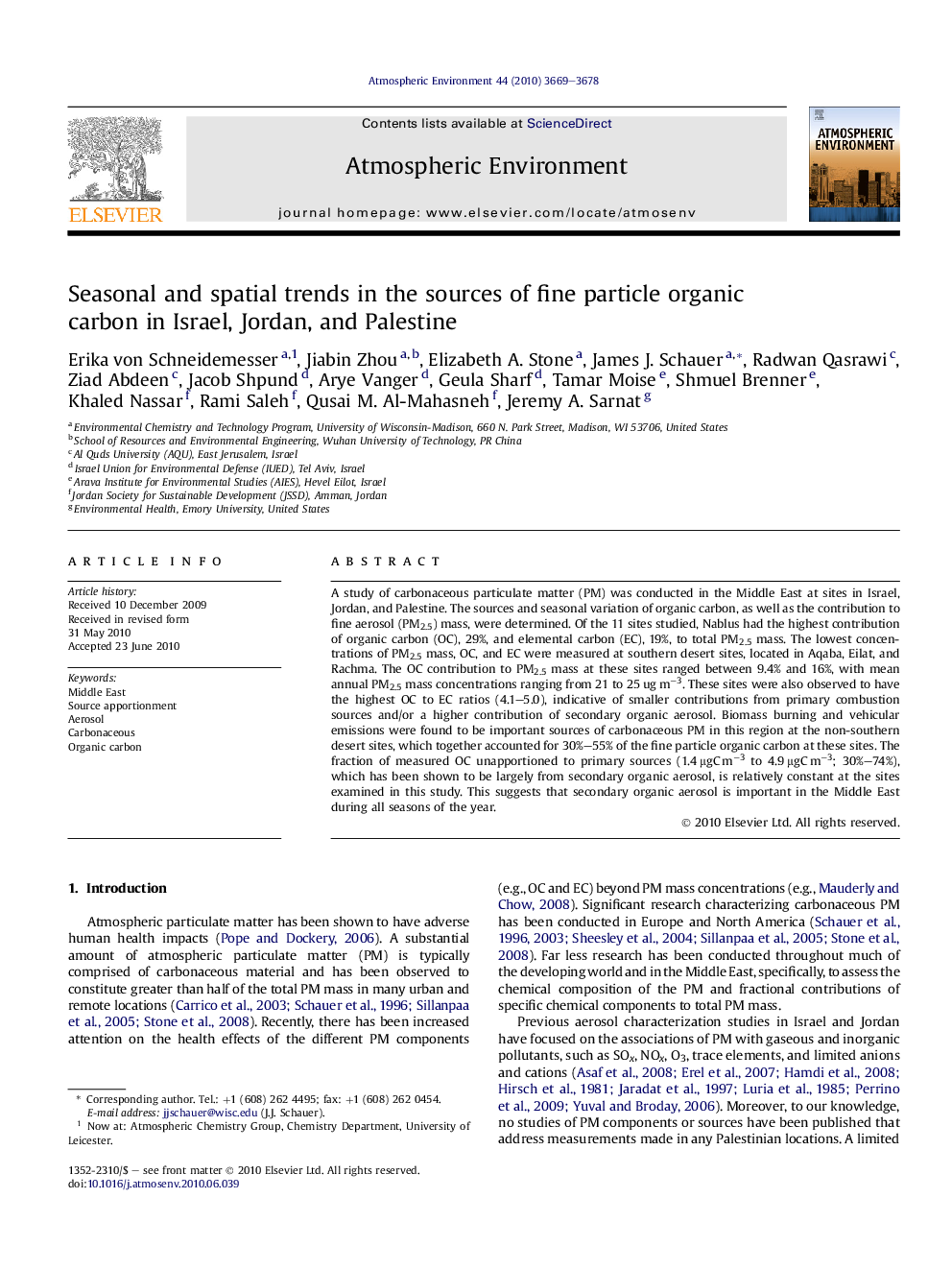 Seasonal and spatial trends in the sources of fine particle organic carbon in Israel, Jordan, and Palestine