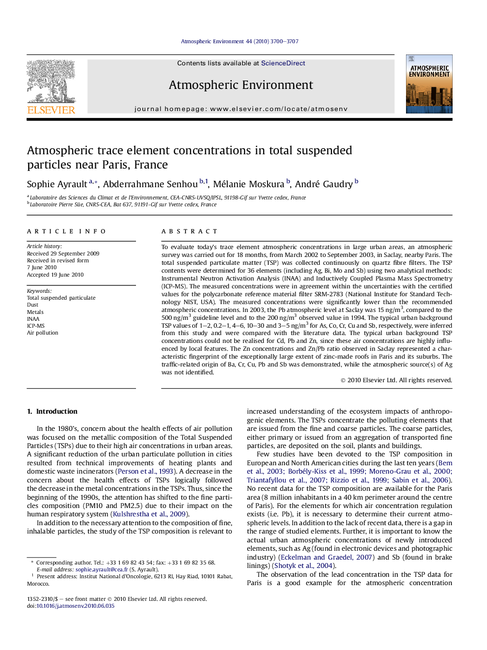 Atmospheric trace element concentrations in total suspended particles near Paris, France