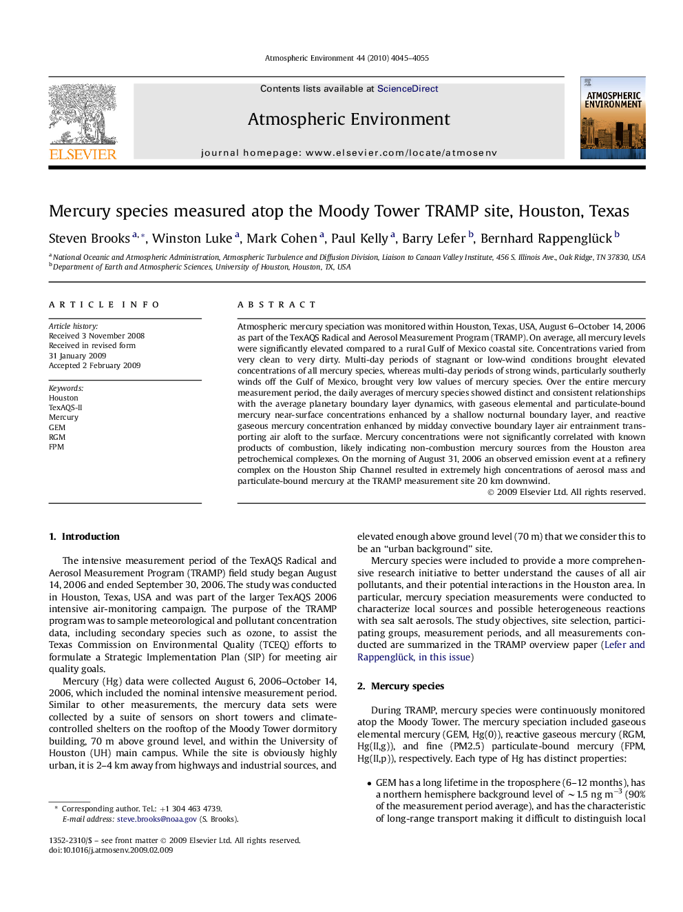 Mercury species measured atop the Moody Tower TRAMP site, Houston, Texas