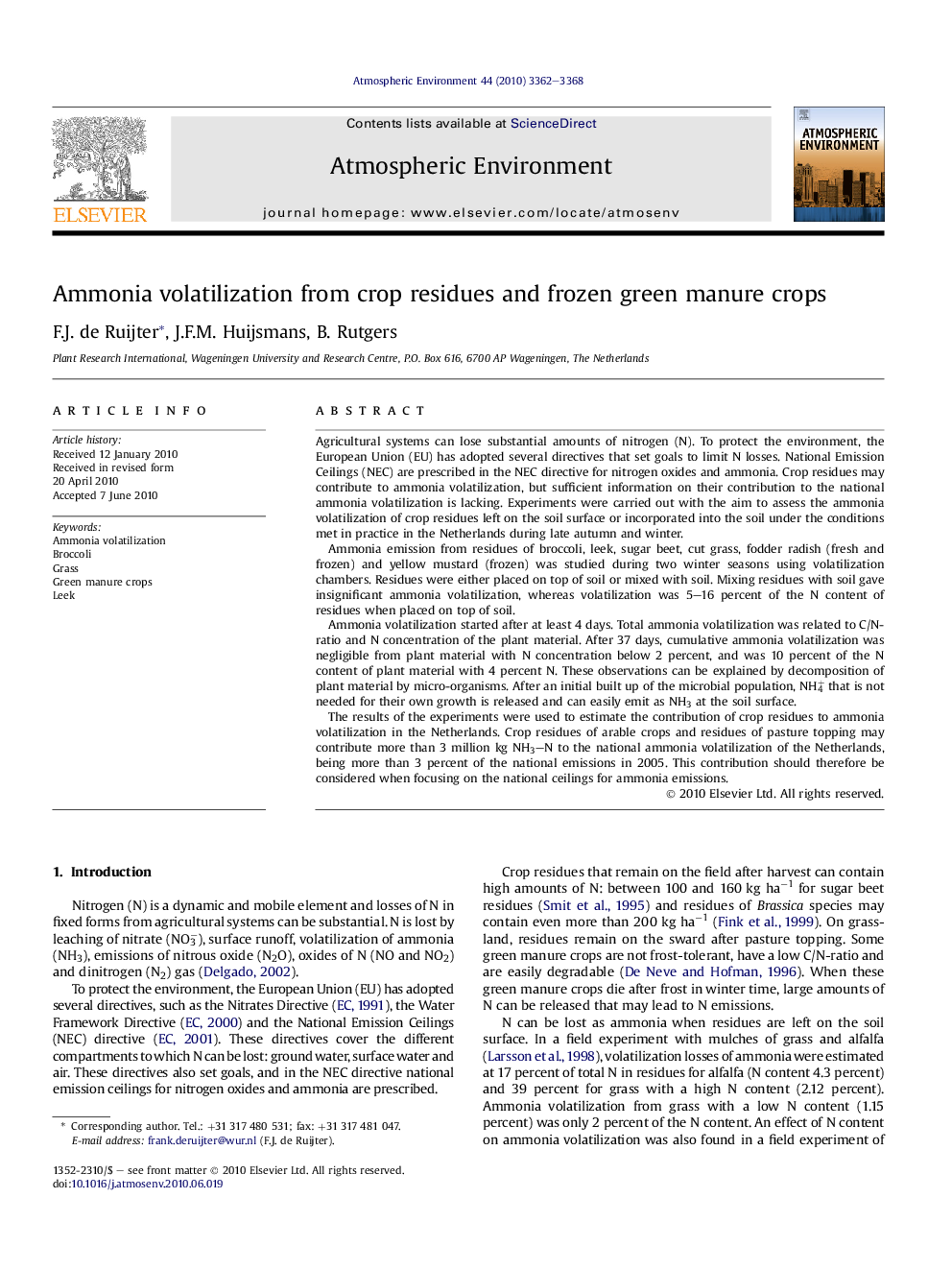 Ammonia volatilization from crop residues and frozen green manure crops