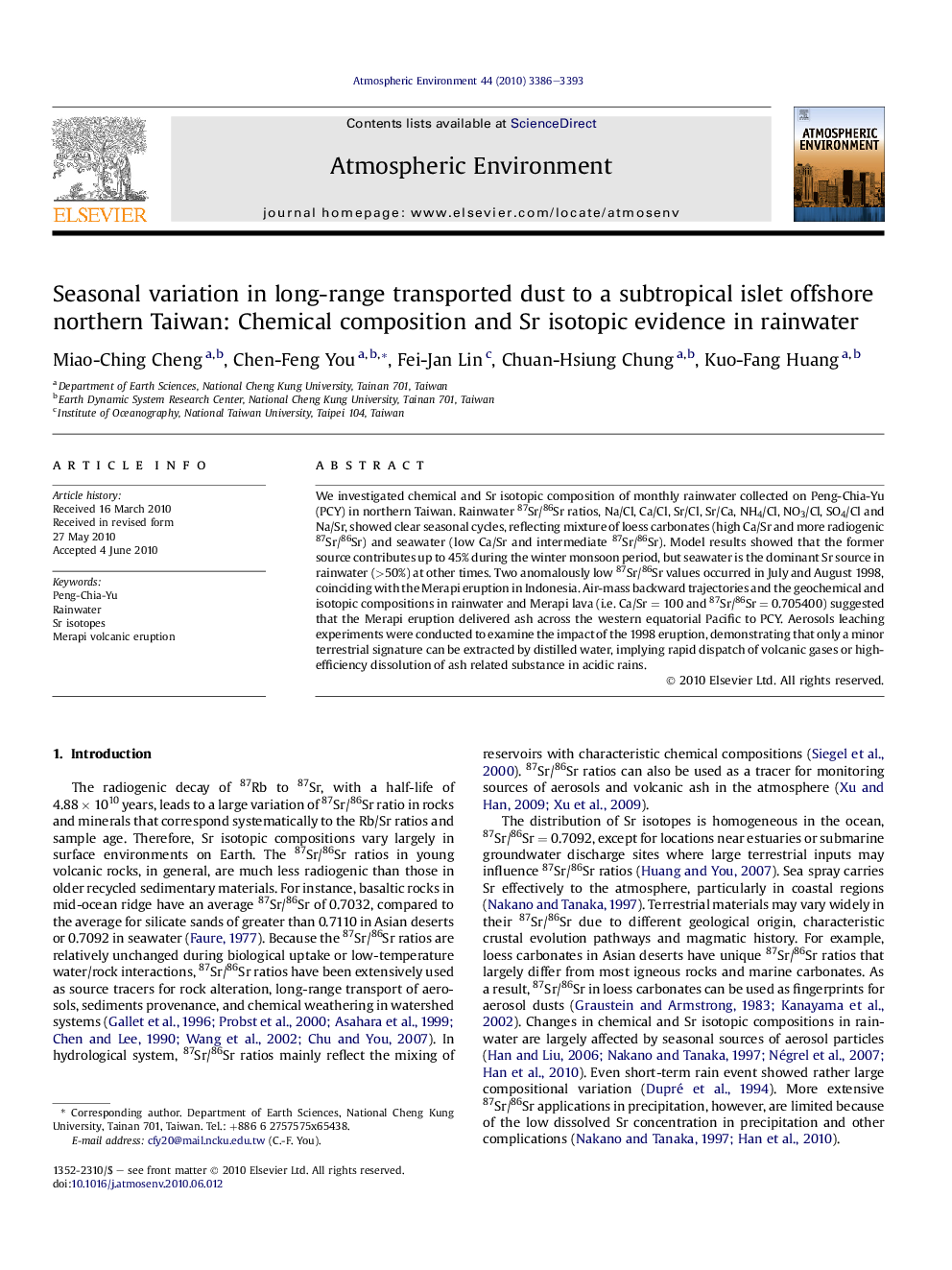 Seasonal variation in long-range transported dust to a subtropical islet offshore northern Taiwan: Chemical composition and Sr isotopic evidence in rainwater