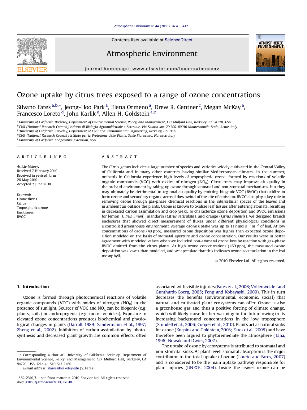 Ozone uptake by citrus trees exposed to a range of ozone concentrations