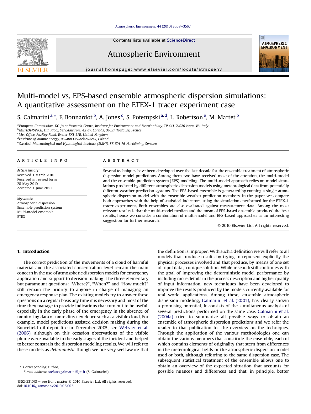 Multi-model vs. EPS-based ensemble atmospheric dispersion simulations: A quantitative assessment on the ETEX-1 tracer experiment case