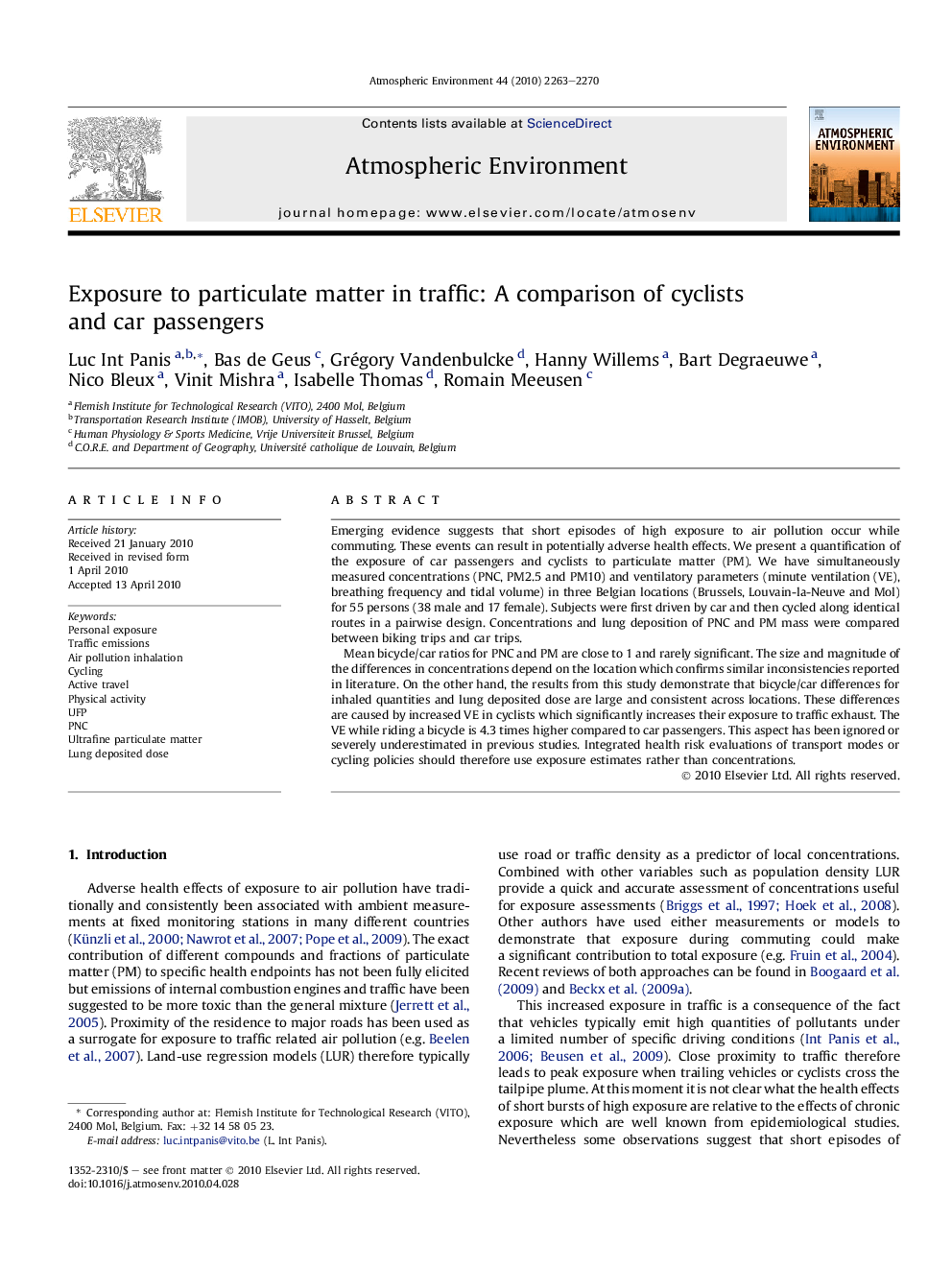 Exposure to particulate matter in traffic: A comparison of cyclists and car passengers