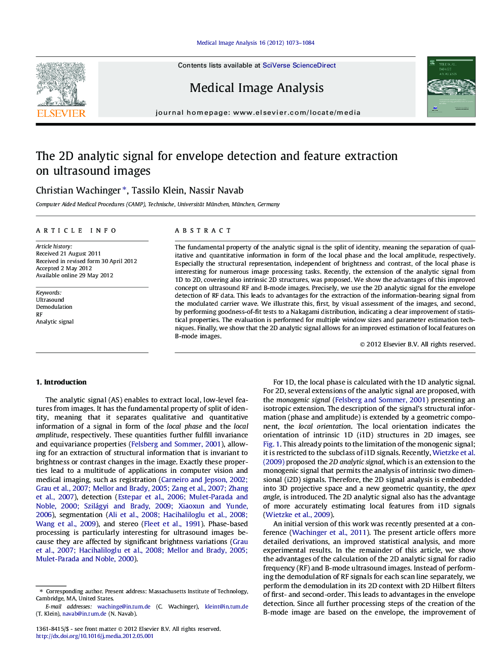 The 2D analytic signal for envelope detection and feature extraction on ultrasound images