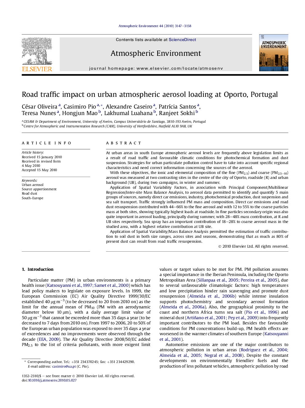 Road traffic impact on urban atmospheric aerosol loading at Oporto, Portugal